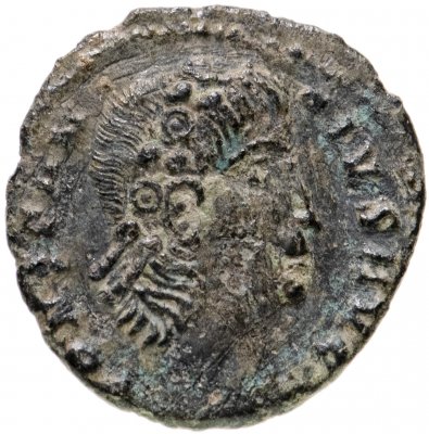 купить Римская Империя, Констанций II, 324–361 гг, фоллис (реверс: два воина стоят лицом друг к другу, между ними один штандарт)