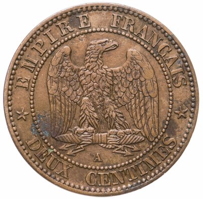 купить Франция 2 сантима (centimes) 1862 A знак монетного двора: "A" - Париж