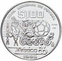 Купить Мексика 100 песо (pesos) 1985 Чемпионат мира по футболу 1986 - Узоры и мяч