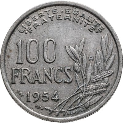 купить Франция 100 франков (francs) 1954 Знак монетного двора: "B" - Бомон-ле-Роже