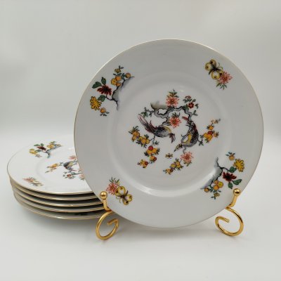 купить Набор из 6-ти десертных тарелок, украшенных экзотическими растениями и птицами, Boisbertrand & Theilloud, фарфор, деколь, золочение, Limoges, Франция, 1929-1950 гг.