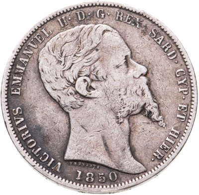 купить Сардиния 5 лир 1850 знак монетного двора: "Якорь", "P" - Генуя, Джованни Пароди
