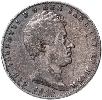 купить Сардиния 5 лир 1842 знак монетного двора: "Голова орла", "P" - Турин, Лука Подеста