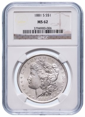купить США 1 доллар (dollar) 1881 S "Доллар Моргана" в слабе NGC MS62