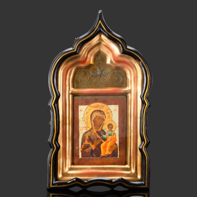 купить Икона "Богоматерь Смоленская" в киоте и подарочном кофре с документами, дерево, темпера, золочение, Российская империя, 1850-1880 гг.