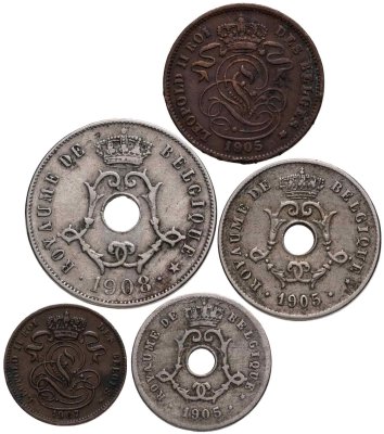 купить Бельгия набор монет 1905-1908 (5 шт) Леопольд второй
