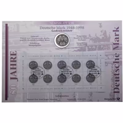 купить Германия 10 марок 1998 "50 лет Немецкой марке" в блистере с марками