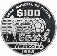 Купить Мексика 100 песо (pesos) 1985 Чемпионат мира по футболу 1986 - Узоры и мяч