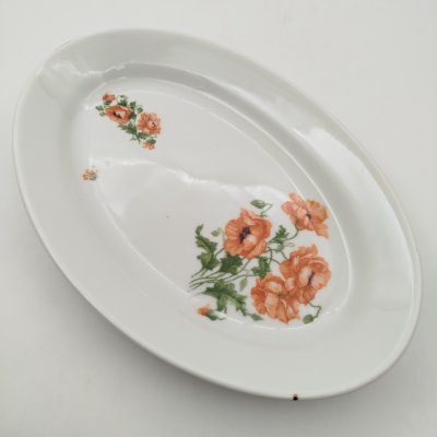 купить Блюдо овальной формы с декором в виде маков, фарфор, деколь, Дулевский фарфоровый завод (Дулёво), СССР, 1934-1936 гг.