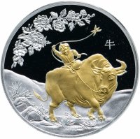 Купить Острова Кука 5 долларов 2009 "Год быка" в футляре с сертификатом