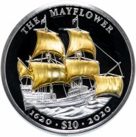 Купить Британские Виргинские Острова 20 долларов 2020 "400 лет корабль Mayflower позолота", в футляре с сертификатом Редкость
