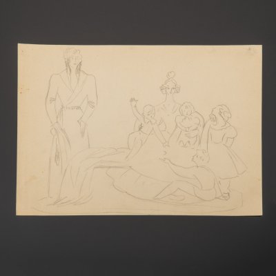 купить Эскиз для скульптуры "А.С. Пушкин. Последние дни", из личного архива Асты Давыдовны Бржезицкой, бумага, карандаш, СССР, 1980-1985 гг.