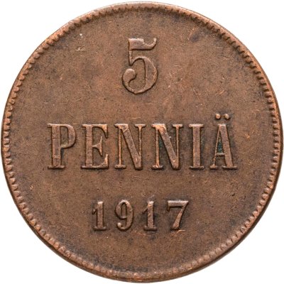 купить 5 пенни (pennia) 1917 с гербовым орлом, Российская Финляндия