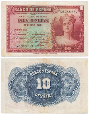 купить Испания 10 песет 1935 (Pick 86a)