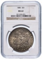 Купить США 1 доллар (dollar) 1886 "Доллар Моргана" без знака монетного двора, в слабе NGC MS62