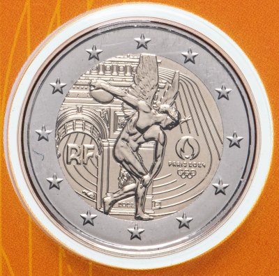 купить Франция 2 евро 2021 XXXIII летние Олимпийские игры, Париж 2024 в блистере жёлтого цвета