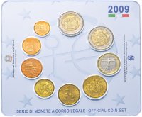 Купить Италия полный годовой набор евро для обращения 2009 (9 штук, включая юбилейные 2 евро, в официальном буклете BU)