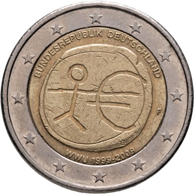 купить Германия 2 евро 2009 F "10 лет Экономическому и валютному союзу"