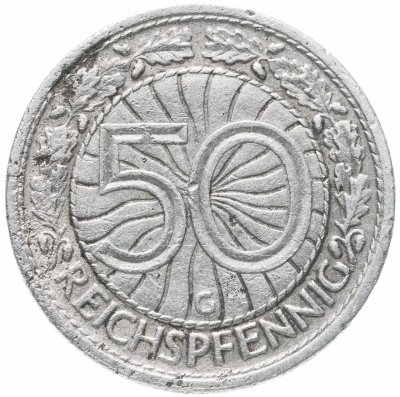купить Германия 50 рейхспфеннигов (reichspfennig) 1928 G знак монетного двора "G" — Карлсруэ