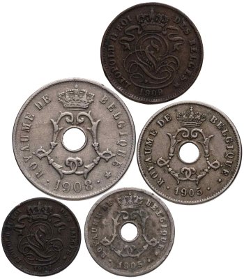 купить Бельгия набор монет 1905-1909 (5 шт) Леопольд второй