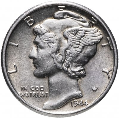 купить США 10 центов (дайм, one dime) 1944 Mercury Dime Без отметки монетного двора