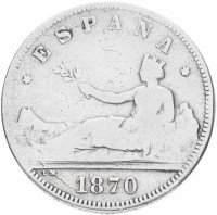 Купить Испания 2 песеты 1870 DE-M, период междуцарствия