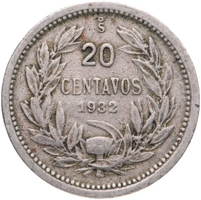 купить Чили 20 сентаво (centavos) 1932 Имя дизайнера O.ROTY на аверсе