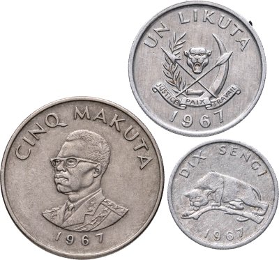 купить Конго (ДРК) набор 3 монет 10 сенжи, 1 ликута, 5 макут 1967
