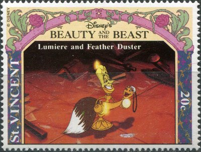 купить Сент-Винсент Почтовая марка 1992 ""Красавица и чудовище". Люмьер и метелка для пыли из перьев"
