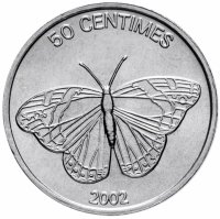 Купить Конго (ДРК) 50 сантимов (centimes) 2002 "Животные - Бабочка"