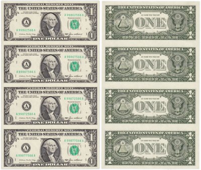 купить США 1 доллар 1985 года (Pick 474) А-Бостон Лист из 4 неразрезанных бон в буклете