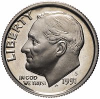 Купить США 10 центов (дайм, one dime) 1991 S Roosevelt Dime (Рузвельт) знак монетного двора "S"