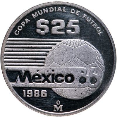 купить Мексика 25 песо (pesos) 1985 Чемпионат мира по футболу 1986 - Один мяч /Надпись на мяче/