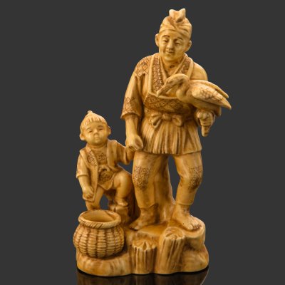 купить Статуэтка "Рыбалка с бакланом", фаянс, роспись, Япония, 1920-1950 гг.