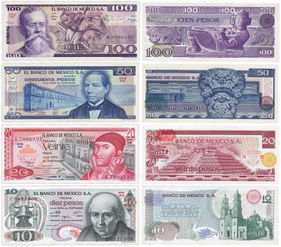 купить Мексика набор 4 штуки сет 10 20 50 100 песо 1977 1981 1982 год UNC