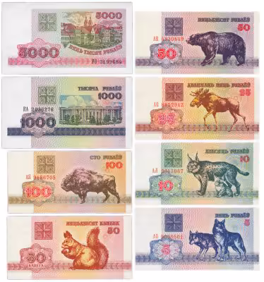 купить Беларусь набор банкнот 1992 - 1998 года 50 копеек, 5, 10, 25, 50, 100, 1000, 5000 рублей (8 бон) ПРЕСС