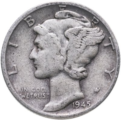 купить США 10 центов (дайм, one dime) 1945 Mercury Dime (дайм «Меркурий») без обозначения монетного двора
