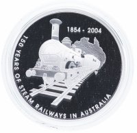 Купить Австралия 5 долларов 2004 «150 лет паровым железным дорогам Австралии» в футляре с сертификатом