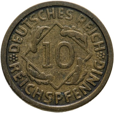 купить Германия 10 рейхспфеннигов 1924, знак монетного двора "J" — Гамбург