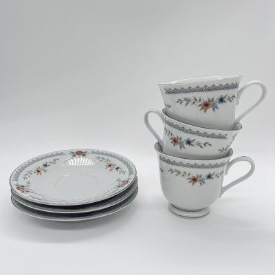 купить Набор из 3 чайных пар с цветочным декором, Dynasty Fine China, фарфор, деколь, золочение, Китай, 1970-1990 гг.