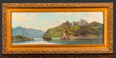купить Картина в раме "Горное озеро", неизвестный художник, холст, масло, дерево, гипс, бронзирование, СССР, 1950-1970 гг.