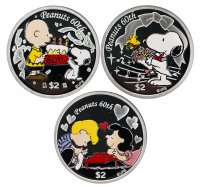 Купить Ниуэ 2010 набор из 3-х монет "60 лет Peanuts: Snoopy & woodstock" (собака Снупи и вудсток), в футляре с сертификатом Редкость
