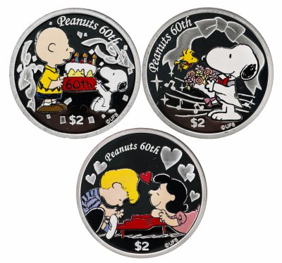 купить Ниуэ 2010 набор из 3-х монет "60 лет Peanuts: Snoopy & woodstock" (собака Снупи и вудсток), в футляре с сертификатом Редкость