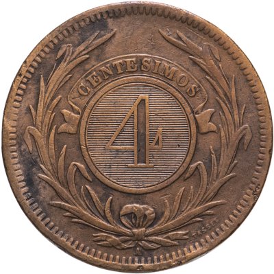 купить Уругвай 4 сентесимо (centesimos) 1869 A знак монетного двора: "A" - Париж