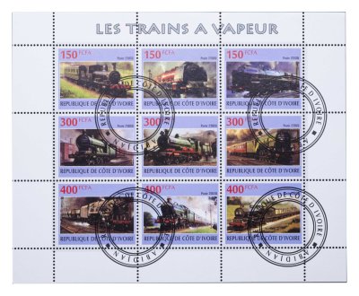 купить Кот-д'Ивуар марки набор квартблок "Ретро поезда. Паровозы"