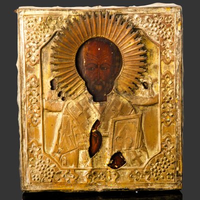 купить Икона "Святой Николай Чудотворец" в окладе, дерево, темпера, сплав металлов, Российская империя, 1880-1910 гг.