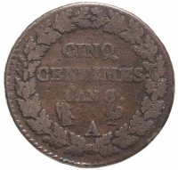 Купить Франция 5 сантимов 1799 A, отметка монетного двора "A" - Париж
