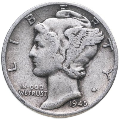 купить США 10 центов (дайм, one dime) 1945 Mercury Dime (дайм «Меркурий») без обозначения монетного двора