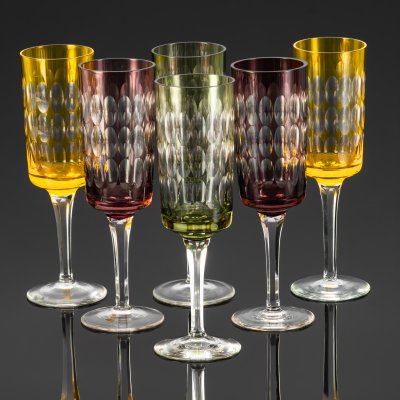 купить Набор бокалов с эффектом линзы, на 6 персон, хрусталь, нацвет, гранение, Германия, 1960-1990 гг.