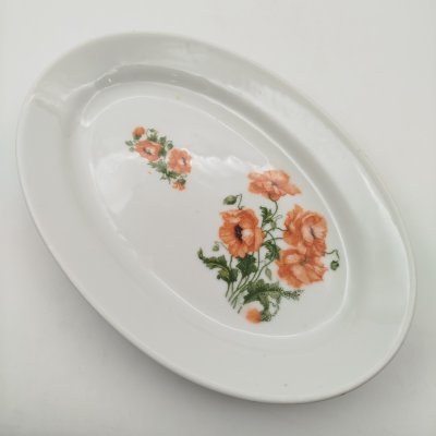 купить Блюдо овальной формы с декором в виде маков, фарфор, деколь, Дулевский фарфоровый завод (Дулёво), СССР, 1934-1936 гг.